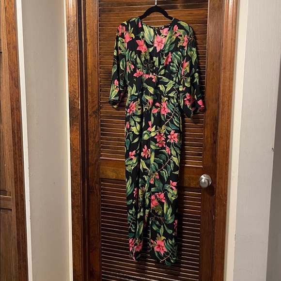 Zara Black & Green Floral Front Tie Jumpsuit - Picture 3 of 7